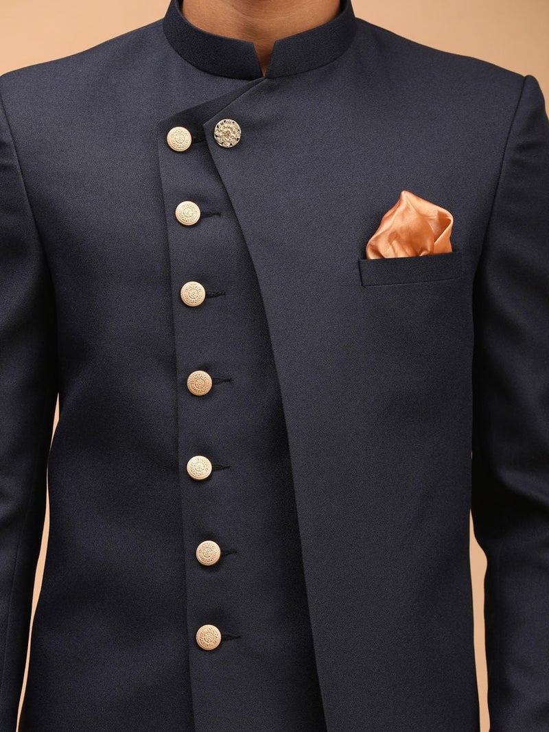 VASTRAMAY Men's Navy Blue Cotton Blend Sherwani Only Top | Trend setting Men's Indowestern Style Asymmetric Sherwani made of imported suiting fabric with double flap And Golden Buttons. - Image 4