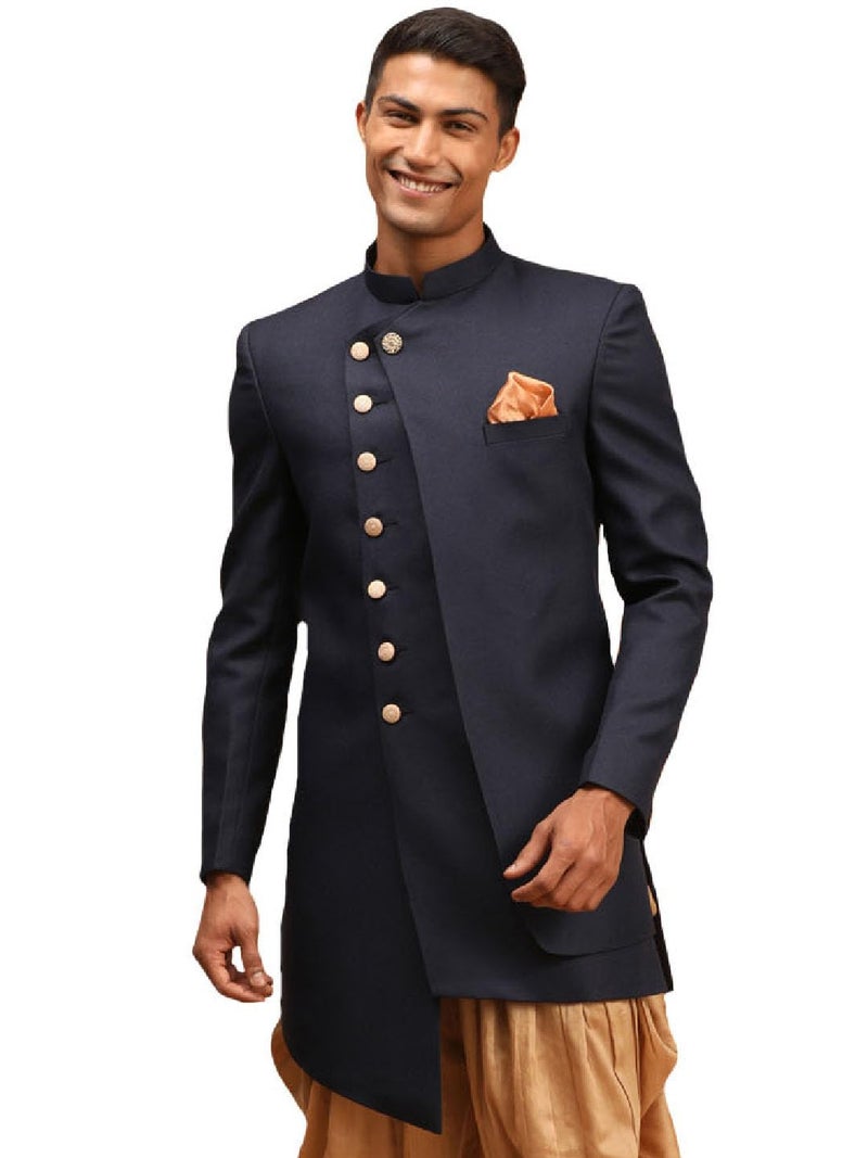 VASTRAMAY Men's Navy Blue Cotton Blend Sherwani Only Top | Trend setting Men's Indowestern Style Asymmetric Sherwani made of imported suiting fabric with double flap And Golden Buttons. - Image 1