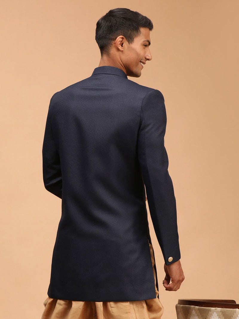 VASTRAMAY Men's Navy Blue Cotton Blend Sherwani Only Top | Trend setting Men's Indowestern Style Asymmetric Sherwani made of imported suiting fabric with double flap And Golden Buttons. - Image 3