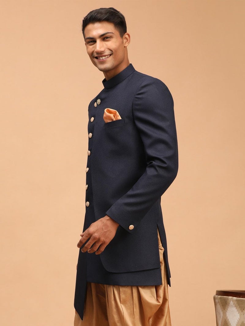 VASTRAMAY Men's Navy Blue Cotton Blend Sherwani Only Top | Trend setting Men's Indowestern Style Asymmetric Sherwani made of imported suiting fabric with double flap And Golden Buttons. - Image 2