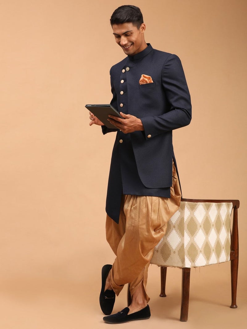 VASTRAMAY Men's Navy Blue Cotton Blend Sherwani Only Top | Trend setting Men's Indowestern Style Asymmetric Sherwani made of imported suiting fabric with double flap And Golden Buttons. - Image 5