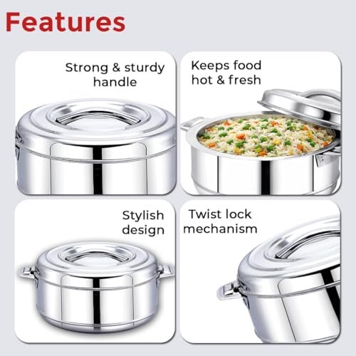 AVIAS Astra Double Wall Insulated Stainless Steel Casserole / 10000ml / Silver Hot Pot/Chapati Box/Hot Case for Roti, Rice, Gravy/Hot Boxes for Kitchen with Steel Lid/Twist Lock / 10L - Image 2