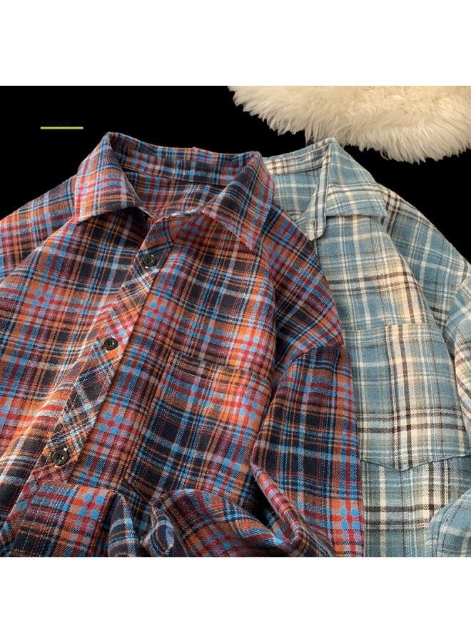 Foss Phil Couple Plaid Shirt Men's Spring Autumn Casual Long Sleeve Style Color Block Loose Jacket Fpcs14 Blue Plaid L - Image 4