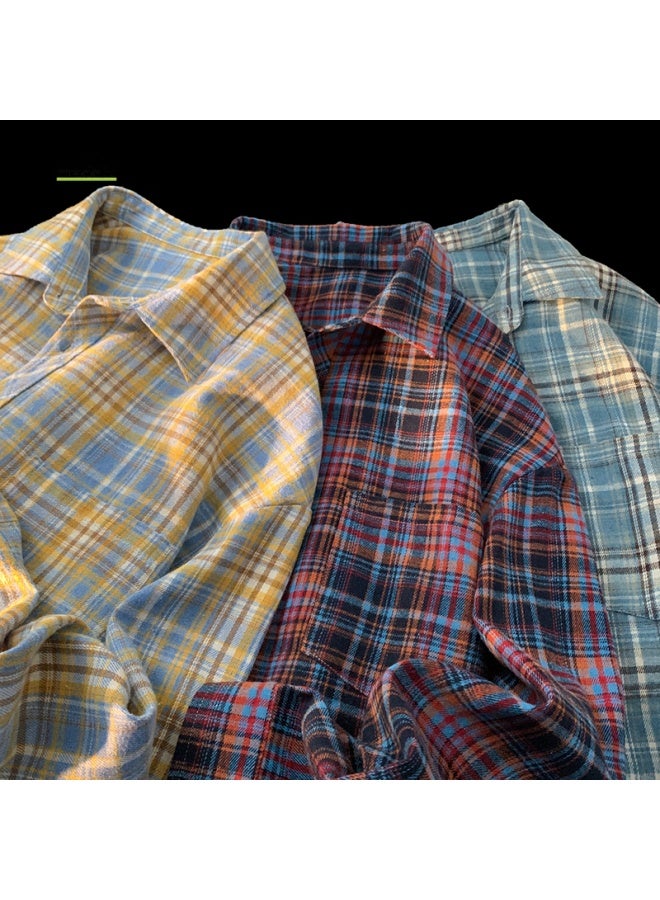 Foss Phil Couple Plaid Shirt Men's Spring Autumn Casual Long Sleeve Style Color Block Loose Jacket Fpcs14 Blue Plaid L - Image 1