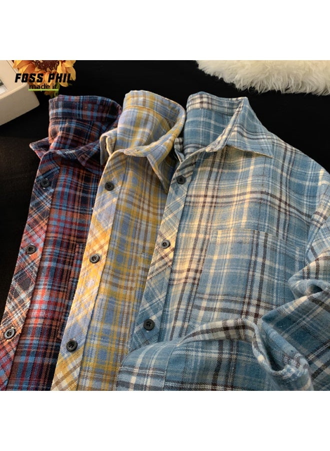 Foss Phil Couple Plaid Shirt Men's Spring Autumn Casual Long Sleeve Style Color Block Loose Jacket Fpcs14 Blue Plaid L - Image 2