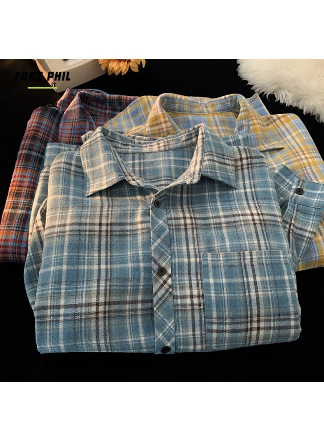 Foss Phil Couple Plaid Shirt Men's Spring Autumn Casual Long Sleeve Style Color Block Loose Jacket Fpcs14 Blue Plaid L - Image 5