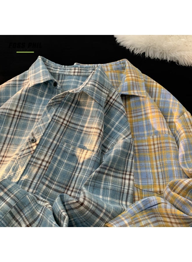 Foss Phil Couple Plaid Shirt Men's Spring Autumn Casual Long Sleeve Style Color Block Loose Jacket Fpcs14 Blue Plaid L - Image 3
