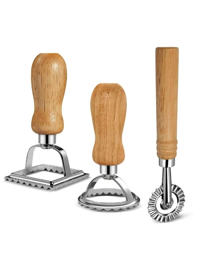 Ravioli Maker Stamp Cutter Set with Roller Wheel, 3-Piece Pasta Mold with Wood Handle & Aluminum Frame - Image 1