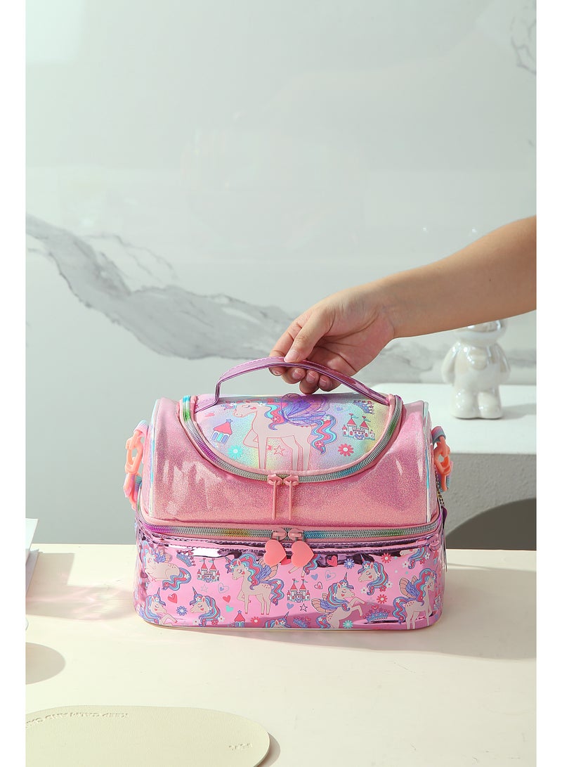 VEST Kids Lunch Bag, Unicorn Glitter Insulated Lunch Bag, Portable Double Deck Thermal Lunch Box Bag for Girls 25.5×16.5×17cm - Image 4
