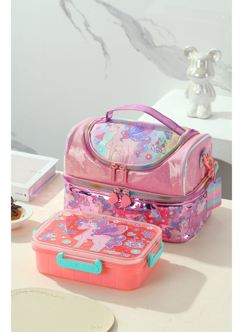 VEST Kids Lunch Bag, Unicorn Glitter Insulated Lunch Bag, Portable Double Deck Thermal Lunch Box Bag for Girls 25.5×16.5×17cm - Image 2
