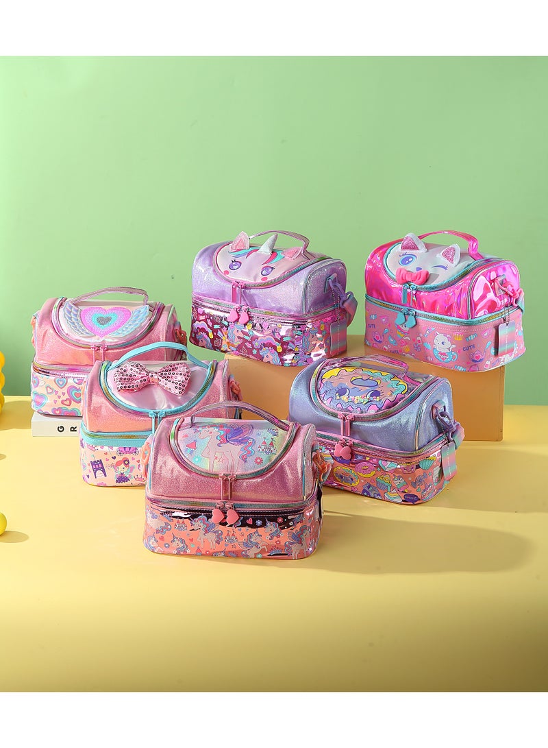 VEST Kids Lunch Bag, Unicorn Glitter Insulated Lunch Bag, Portable Double Deck Thermal Lunch Box Bag for Girls 25.5×16.5×17cm - Image 3