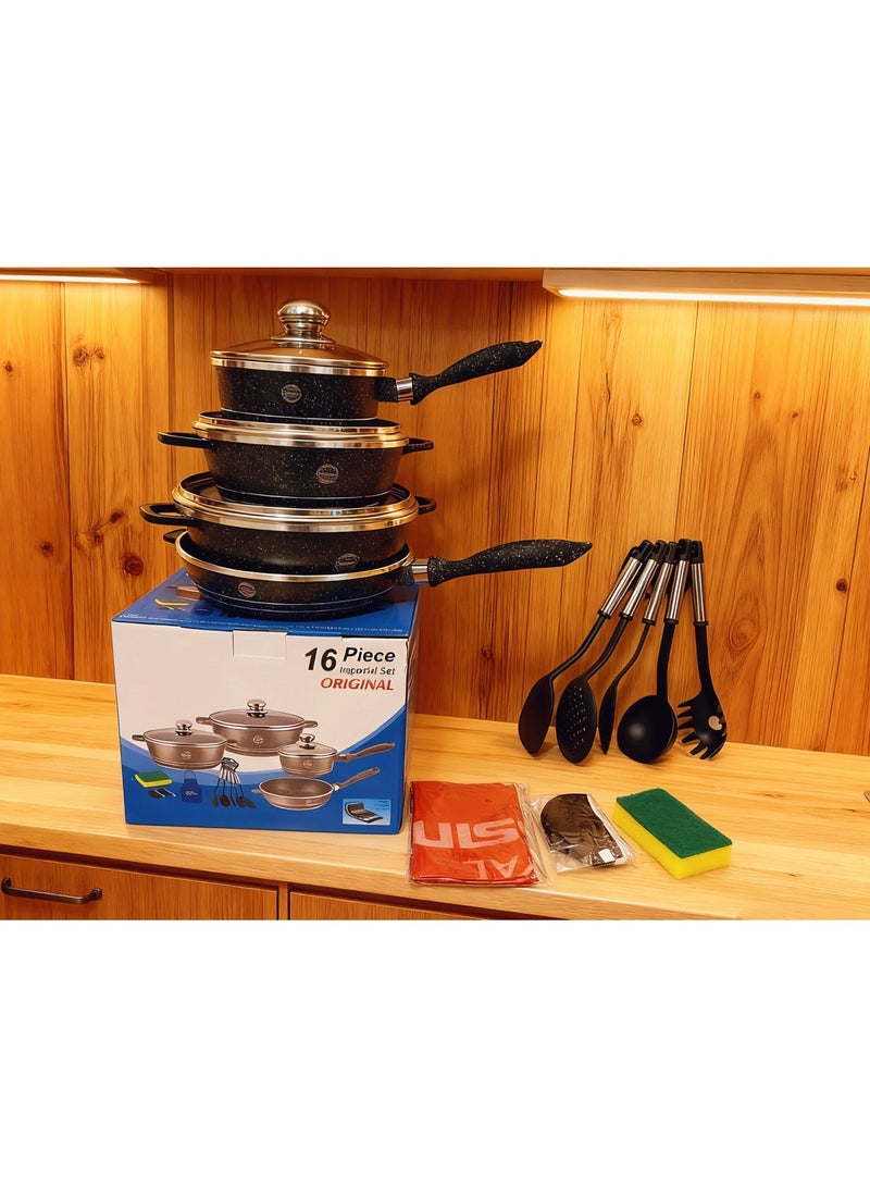 16-Piece Granite Non-Stick Cookware Set | Induction & Gas Stove Compatible Pots & Pans with Utensils - Durable, Easy to Clean,granite cookware、non stick pots and pans、induction compatible cookware, Complete Kitchen Set for Family Cooking, Pans with Lids + Kitchen Utensils - Perfect for Home Cooking & Gifting, Works on All Stoves - Image 1