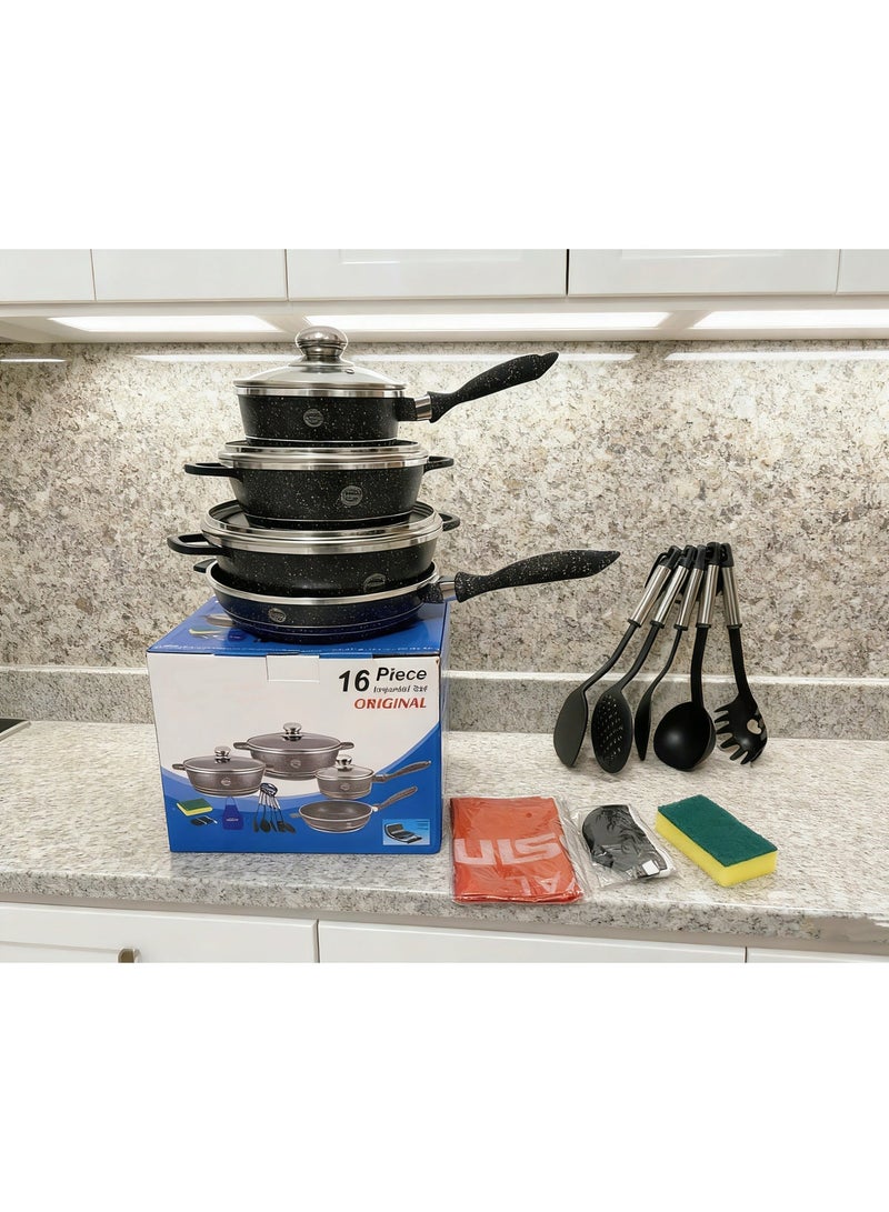 16-Piece Granite Non-Stick Cookware Set | Induction & Gas Stove Compatible Pots & Pans with Utensils - Durable, Easy to Clean,granite cookware、non stick pots and pans、induction compatible cookware, Complete Kitchen Set for Family Cooking, Pans with Lids + Kitchen Utensils - Perfect for Home Cooking & Gifting, Works on All Stoves - Image 2