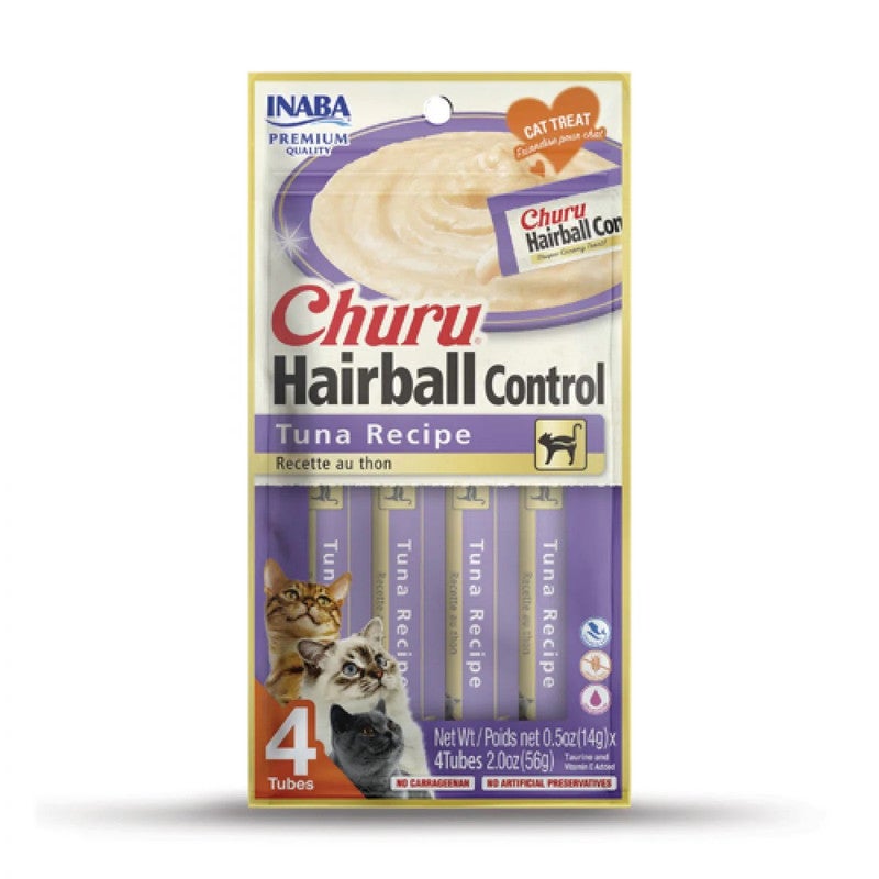 Inaba Churu Cat Treat, Tuna Flavor Hair Ball Control, Delicious Creamy Low Calorie Puree, Pack of 4 Tubes