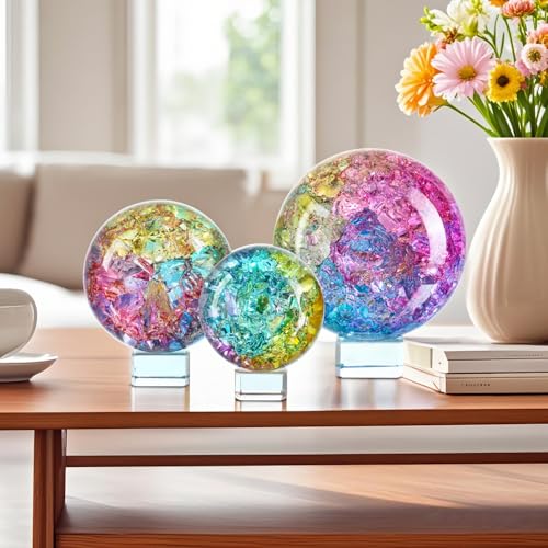 ZEERSHEE Set of 3 Colorful Cracked Crystal Balls (60/80/100mm) with Stands Healing Glass Spheres Paperweight for Yoga Meditation Feng Shui Divination Fortune Telling Home Office Christmas Decor - Image 1