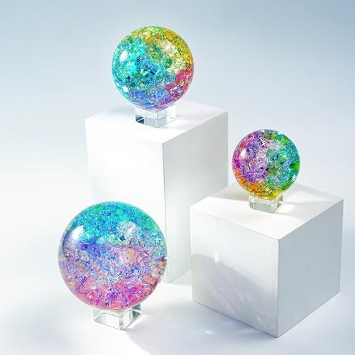 ZEERSHEE Set of 3 Colorful Cracked Crystal Balls (60/80/100mm) with Stands Healing Glass Spheres Paperweight for Yoga Meditation Feng Shui Divination Fortune Telling Home Office Christmas Decor - Image 5