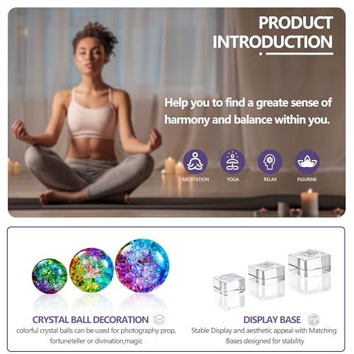 ZEERSHEE Set of 3 Colorful Cracked Crystal Balls (60/80/100mm) with Stands Healing Glass Spheres Paperweight for Yoga Meditation Feng Shui Divination Fortune Telling Home Office Christmas Decor - Image 4