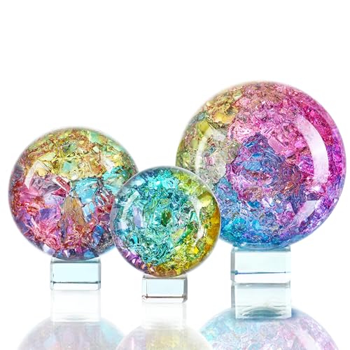 ZEERSHEE Set of 3 Colorful Cracked Crystal Balls (60/80/100mm) with Stands Healing Glass Spheres Paperweight for Yoga Meditation Feng Shui Divination Fortune Telling Home Office Christmas Decor - Image 2