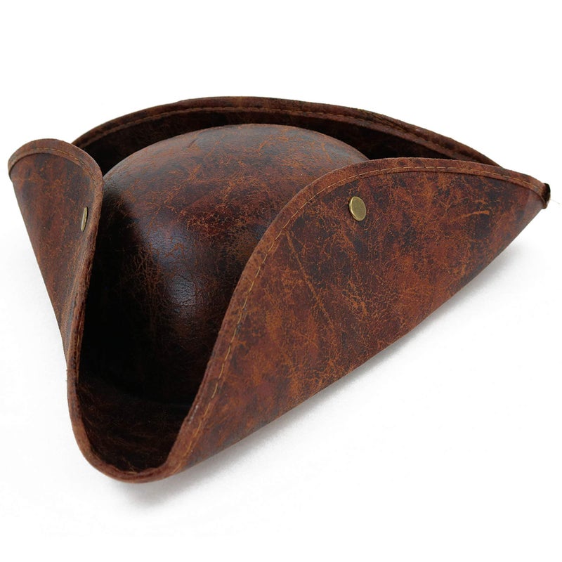Skeleteen Faux Leather Pirate Hat - Brown Distressed Leather Colonial Style Tricorn Hat - Image 1
