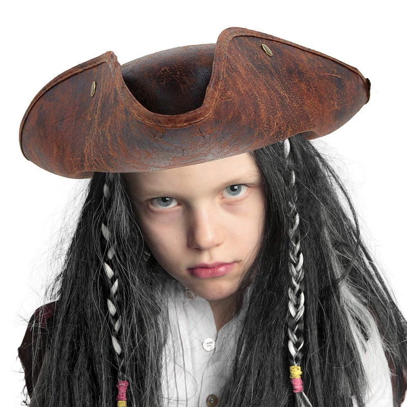 Skeleteen Faux Leather Pirate Hat - Brown Distressed Leather Colonial Style Tricorn Hat - Image 4
