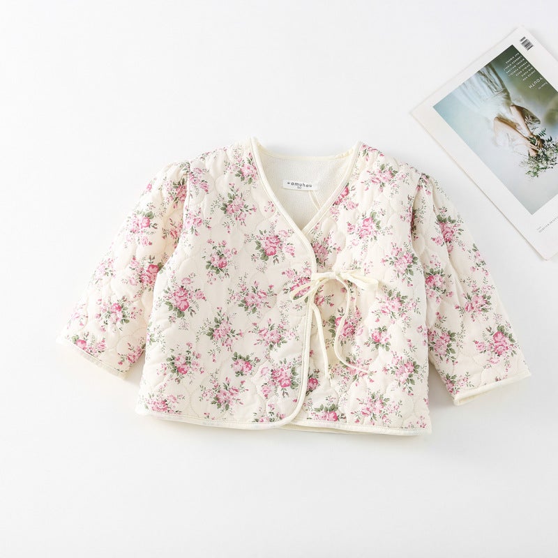 Girls autumn and winter thickened cotton-padded fleece floral cotton-padded coat 2023 new Korean style fashionable lace-up cotton-padded jacket for baby girls Color 