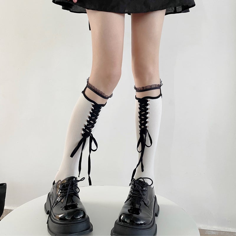 Japanese Lolita Handmade Lace Sling Black and White Calf Socks - Image 5