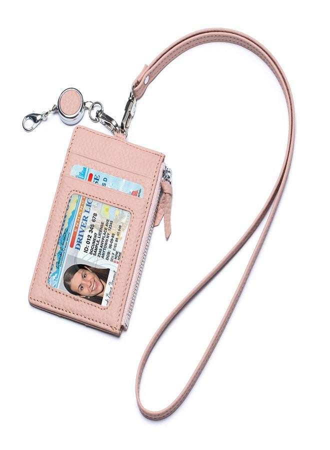 Karmiir Leather ID Case with Lanyard, Minimalist Slim Badge Holder Card Wallet for Women & Men, Fashion ID Case with Clear Window, Zipper Pocket & Retractable Badge Reel（Pink） - Image 1