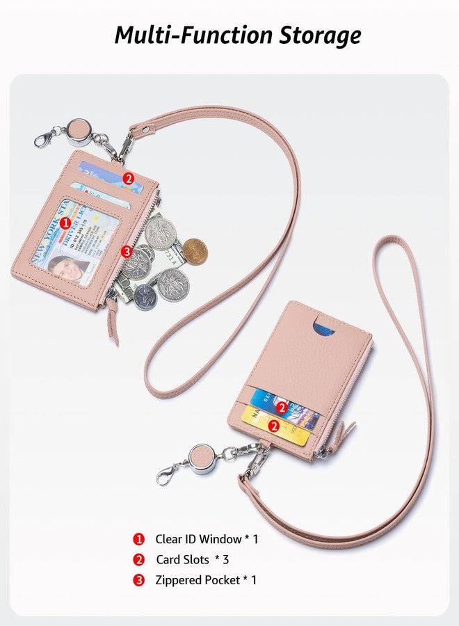 Karmiir Leather ID Case with Lanyard, Minimalist Slim Badge Holder Card Wallet for Women & Men, Fashion ID Case with Clear Window, Zipper Pocket & Retractable Badge Reel（Pink） - Image 2