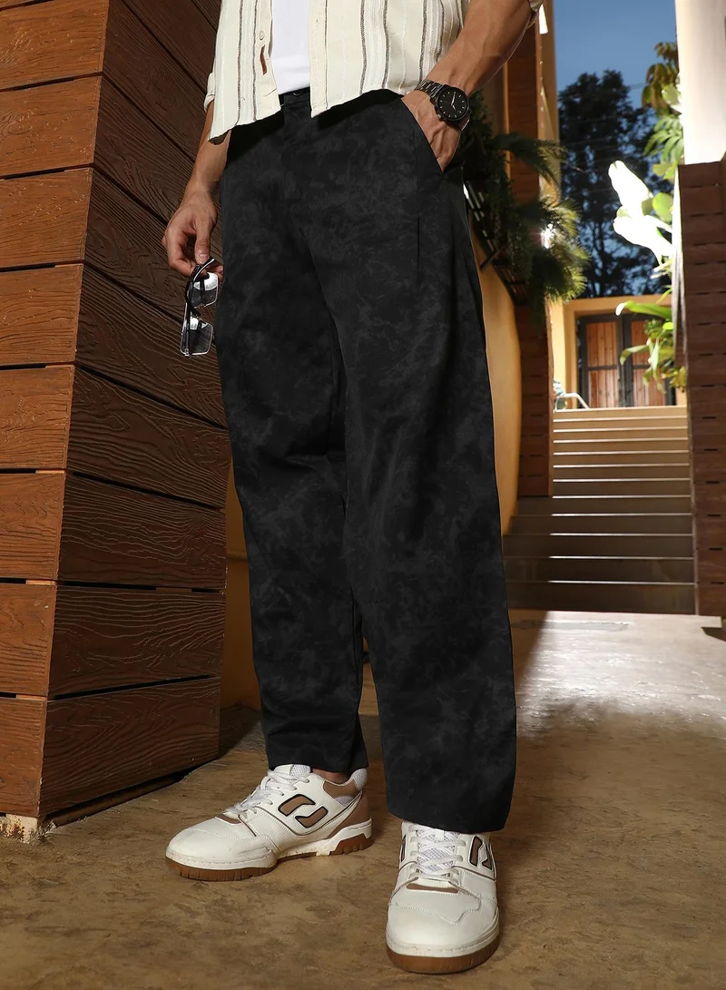 Campus Sutra Men Splatter-Imprint Straight-Fit Trousers | Mid-Rise , Elasticated Waistband | Half-Button , Straight Hem | Abstract Print Plain | Woven Fabric For Casual & Daily Wear | Midnight Black