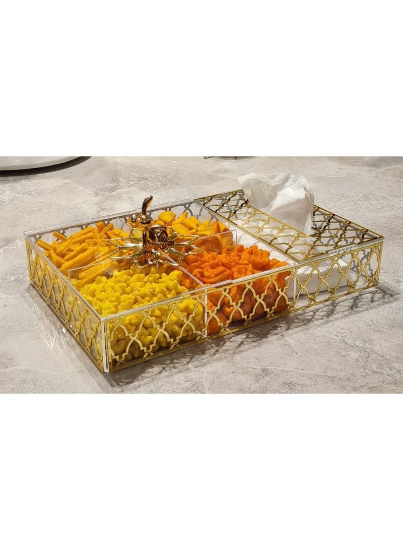 بوكس  اكليرك 4 خانة  + علبة مناديل للتسالى و الكحك والبسكوت  ياميش ومكسرات وكمان منظم اكسسوار على التسريحة  الخامة اكليرك 4 ميلي انظف كوالتى  وتحدى  المقاسات طول 36 عرض 24 ارتفاع 7 مقبض ارنوب - Image 1