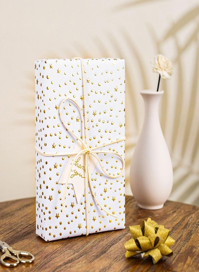 Flyhill Eid White Kraft Wrapping Paper Roll - 17x197Inch - Gold 3D Foil Stars & Polka Dots Gift Wrap Paper Design for Eid, Birthdays, Weddings, Baby Showers, Holidays - Image 2