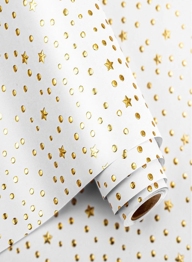 Flyhill Eid White Kraft Wrapping Paper Roll - 17x197Inch - Gold 3D Foil Stars & Polka Dots Gift Wrap Paper Design for Eid, Birthdays, Weddings, Baby Showers, Holidays - Image 1