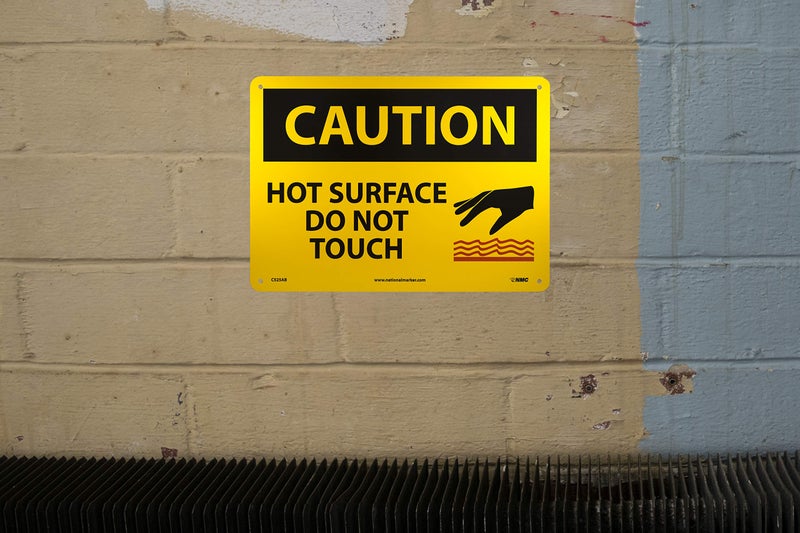 NMC C525AB CAUTION - HOT SURFACE - DO NOT TOUCH - 14 in. x 10 in. Aluminum Caution Sign with Graphic, Yellow/Black Text on Black/Yellow Base - Image 3