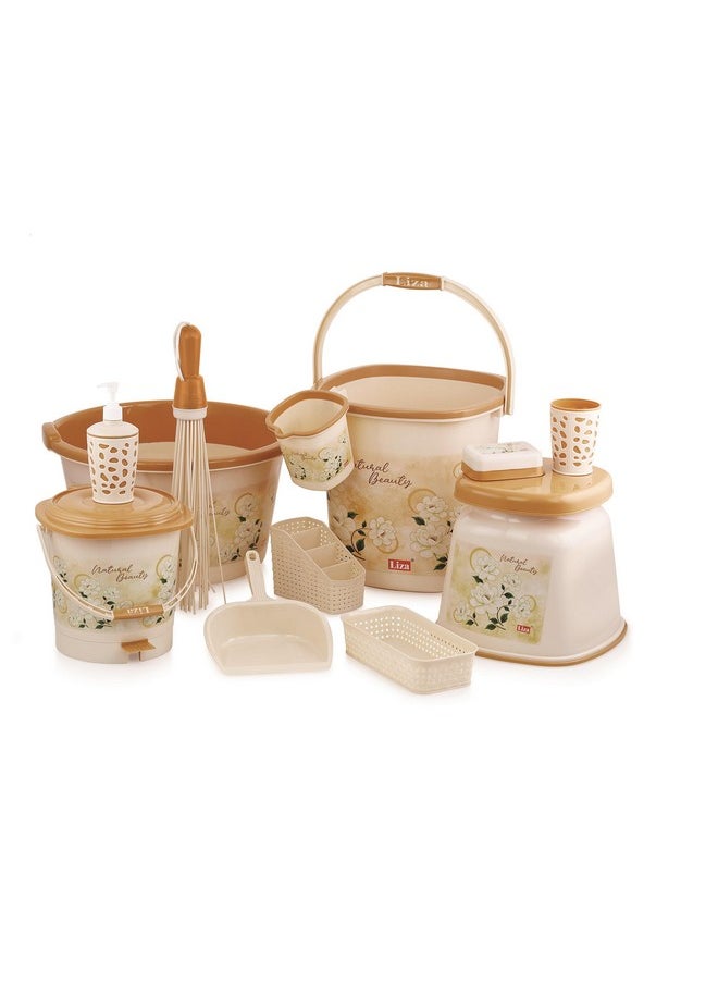Liza Liza Blossom 12pc Jumbo Bathroom Accessory Set Plastic Big Bucket 25L,Tub 30 L,Patla 25 L, Mug, Stool, Plastic Broom, Dustbin, Dustpan, 12pc Bathroom Set (Brown) (Blossom Brown)  - Image 1
