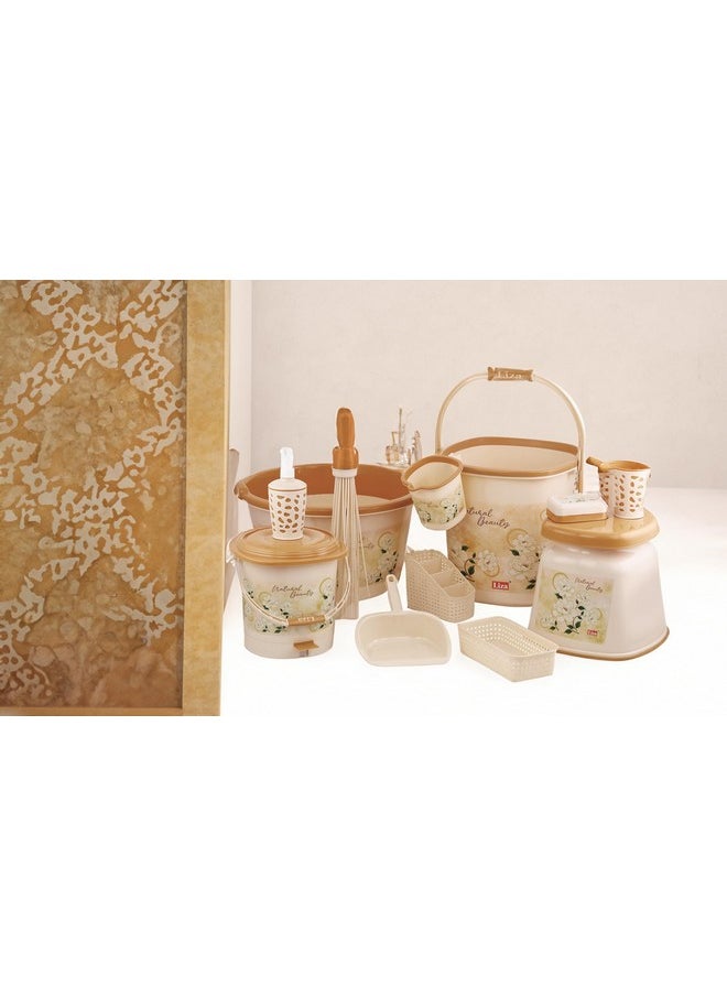 Liza Liza Blossom 12pc Jumbo Bathroom Accessory Set Plastic Big Bucket 25L,Tub 30 L,Patla 25 L, Mug, Stool, Plastic Broom, Dustbin, Dustpan, 12pc Bathroom Set (Brown) (Blossom Brown)  - Image 2