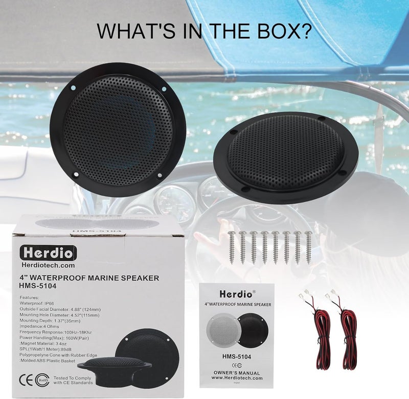 Herdio 4 Inches Waterproof Marine Ceiling Flush Wall Mount Speakers with 160 Watts Power, Handling for Kitchen Bathroom Boat Car Motorcycle Cloth Surround and Low Profile Design - 1 Pair (Black) - Image 5
