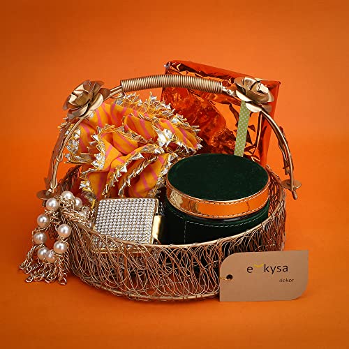 ekysa dekor metal meshwire multipurpose Fancy Hamper Basket/Tray/Platter with hadles for Packing, Gifting, Home Decoration - Golden (8 * 8 * 2.5 inch) - Image 5