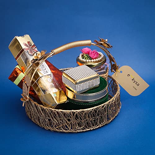 ekysa dekor metal meshwire multipurpose Fancy Hamper Basket/Tray/Platter with hadles for Packing, Gifting, Home Decoration - Golden (8 * 8 * 2.5 inch) - Image 3