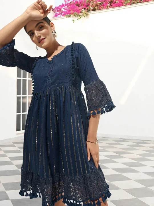 ISHIN Women'S Navy Cotton Blend Embellished Midi A-Line Straight Fit Dress