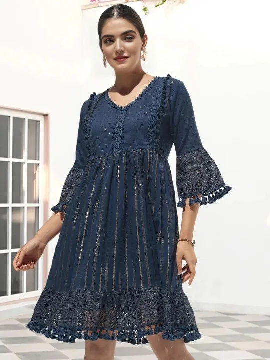 ISHIN Women'S Navy Cotton Blend Embellished Midi A-Line Straight Fit Dress