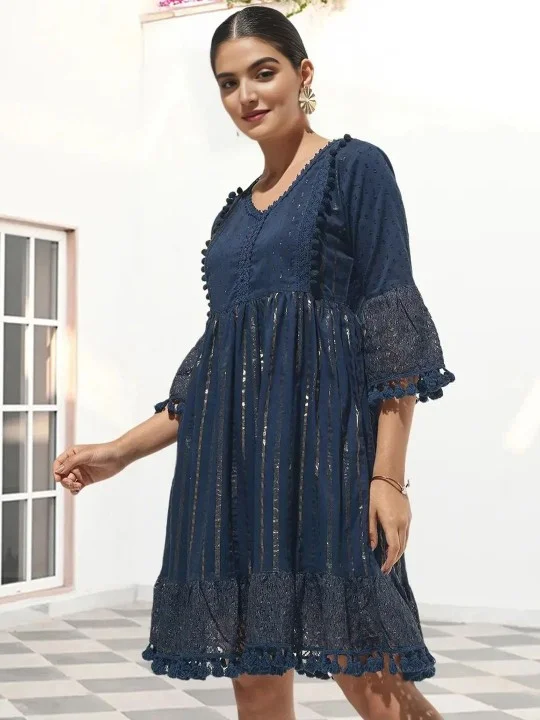 ISHIN Women'S Navy Cotton Blend Embellished Midi A-Line Straight Fit Dress