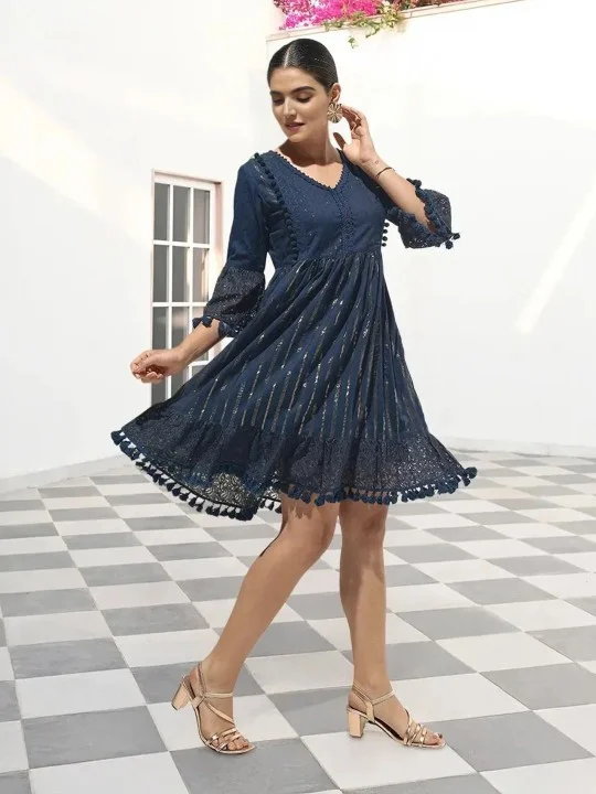 ISHIN Women'S Navy Cotton Blend Embellished Midi A-Line Straight Fit Dress