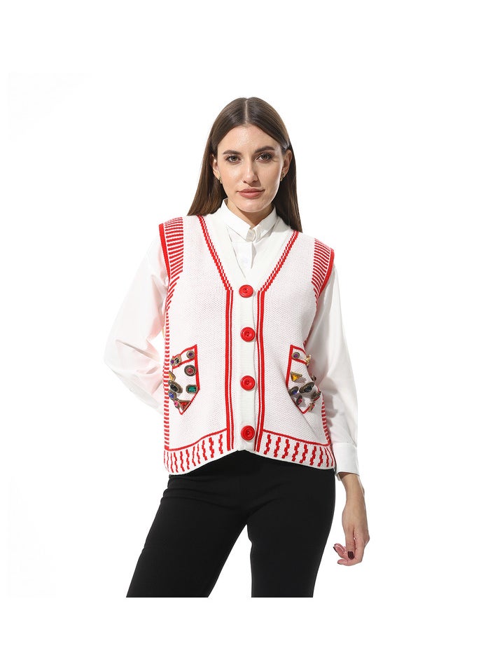 Mr.joe Stylish White and Red Knitted Vest with Embellished Pockets - 2719  - Image 1