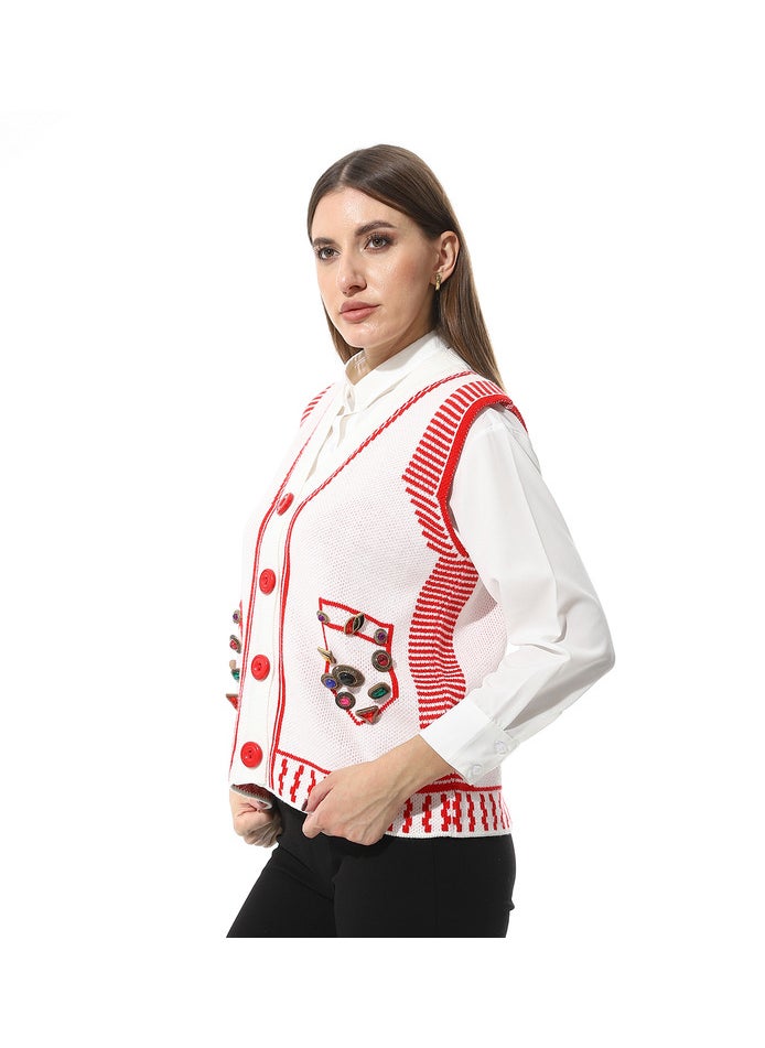 Mr.joe Stylish White and Red Knitted Vest with Embellished Pockets - 2719  - Image 2