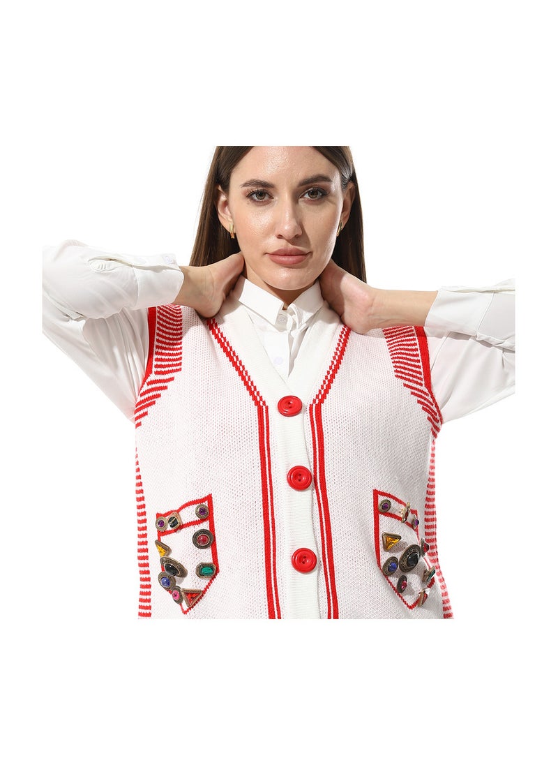 Mr.joe Stylish White and Red Knitted Vest with Embellished Pockets - 2719  - Image 4