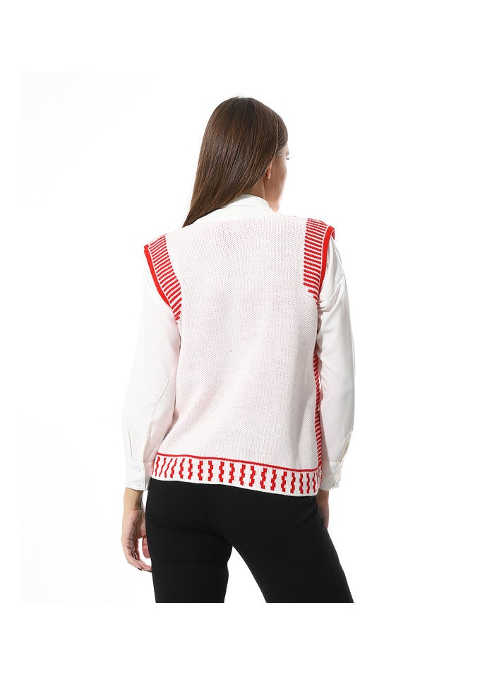 Mr.joe Stylish White and Red Knitted Vest with Embellished Pockets - 2719  - Image 3