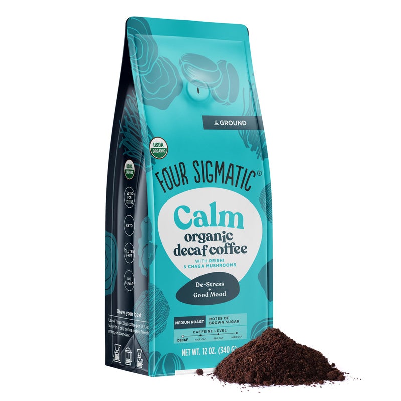 Four Sigmatic Calm Organic Decaf Ground Coffee | Swiss Water Decaf Coffee with Chaga & Reishi Mushroom Extracts | 12oz Bag - Image 1