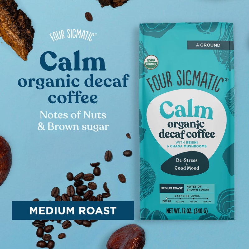 Four Sigmatic Calm Organic Decaf Ground Coffee | Swiss Water Decaf Coffee with Chaga & Reishi Mushroom Extracts | 12oz Bag - Image 4