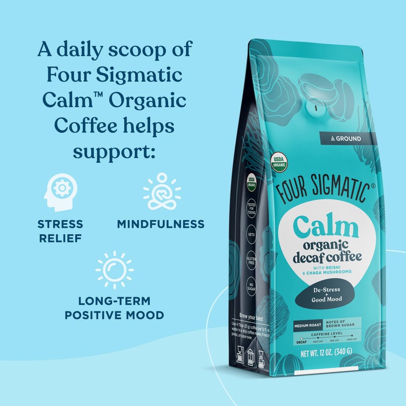 Four Sigmatic Calm Organic Decaf Ground Coffee | Swiss Water Decaf Coffee with Chaga & Reishi Mushroom Extracts | 12oz Bag - Image 2