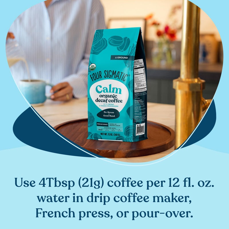 Four Sigmatic Calm Organic Decaf Ground Coffee | Swiss Water Decaf Coffee with Chaga & Reishi Mushroom Extracts | 12oz Bag - Image 5